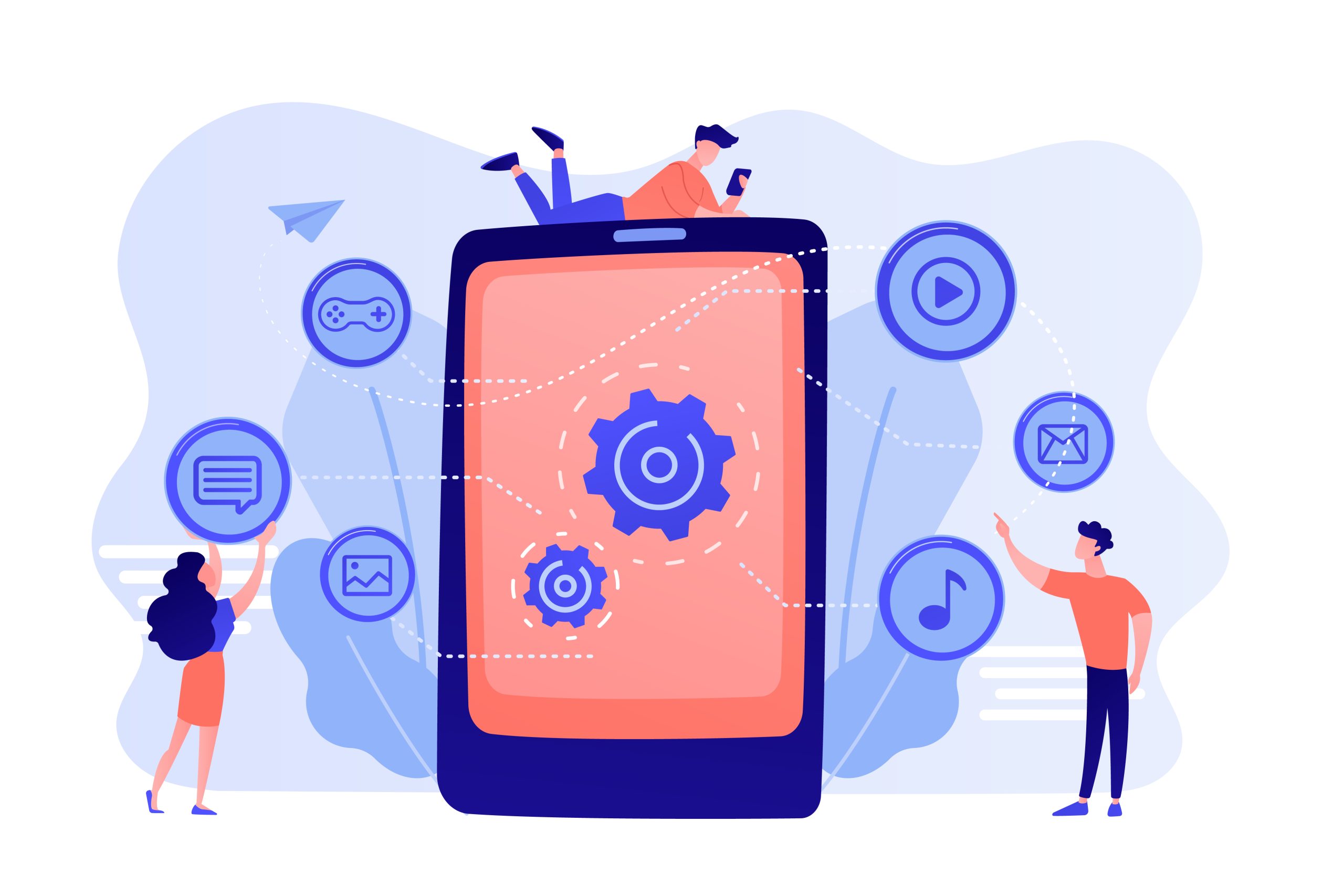 SEO, website, software development. App optimization, programming. Web designers, programmers cartoon characters. Mobile content concept. Pink coral blue vector isolated illustration